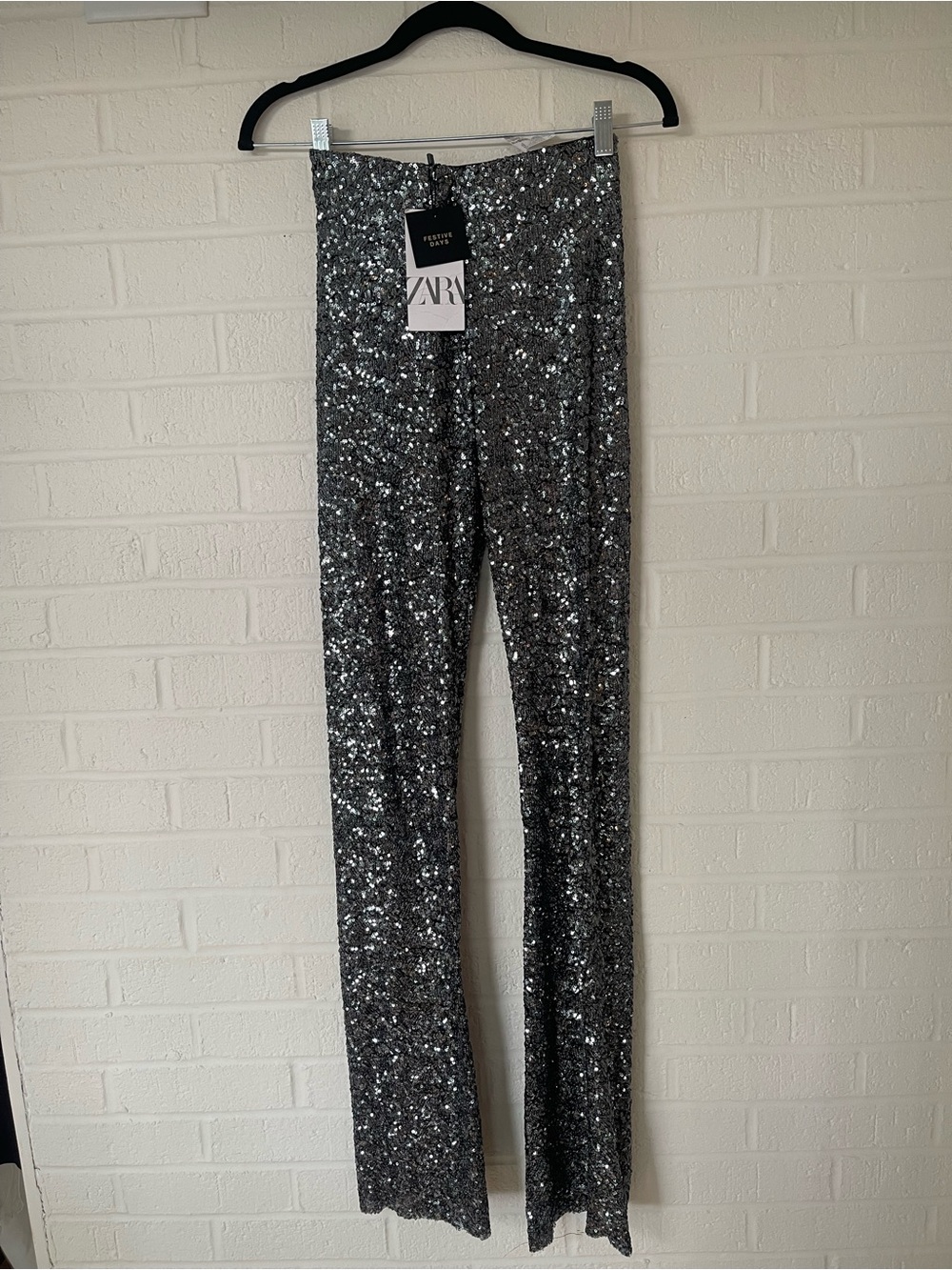 NWT Zara Festive Days Silver Sequin High Rise Flare Pants XS - Picture 3 of 6